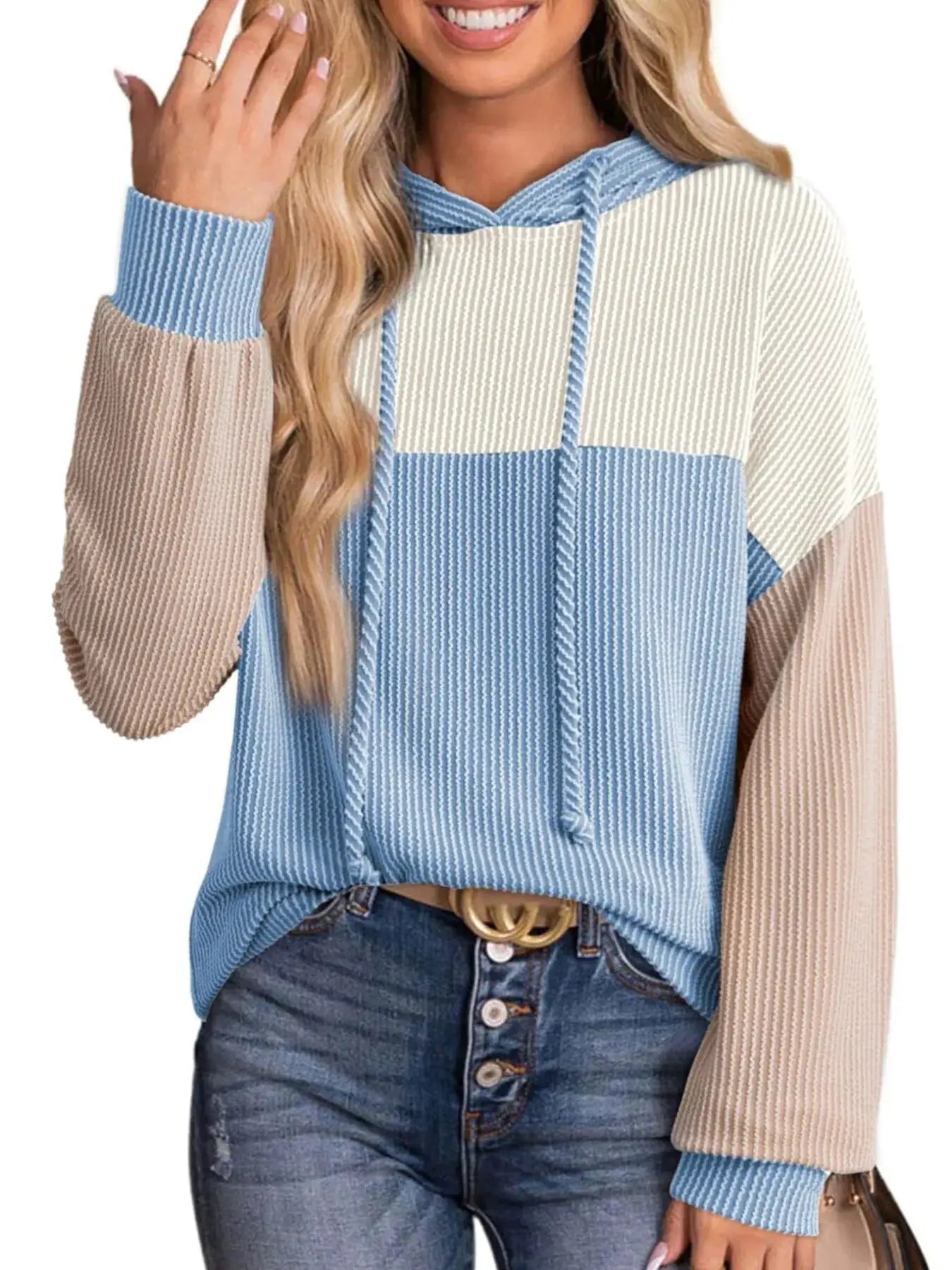 Drawstring color-block long sleeve hoodie; blue, cream, and beige ribbed knit with contrast cuffs