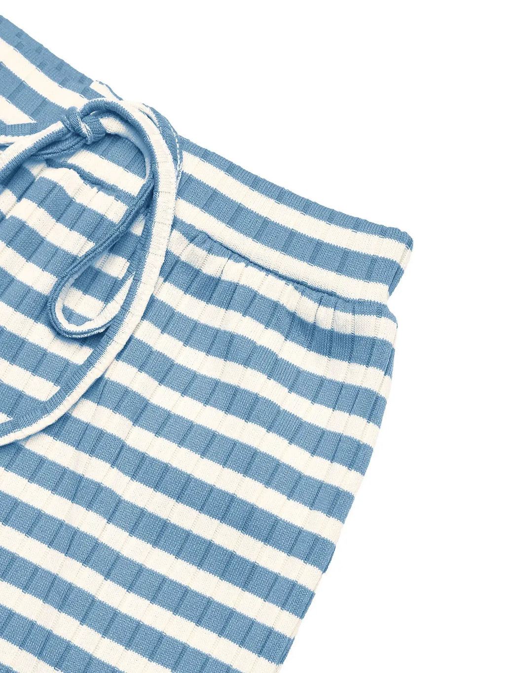 Belle Bijouix striped knit square-neck long-sleeve top in blue and white with tie-neck detail
