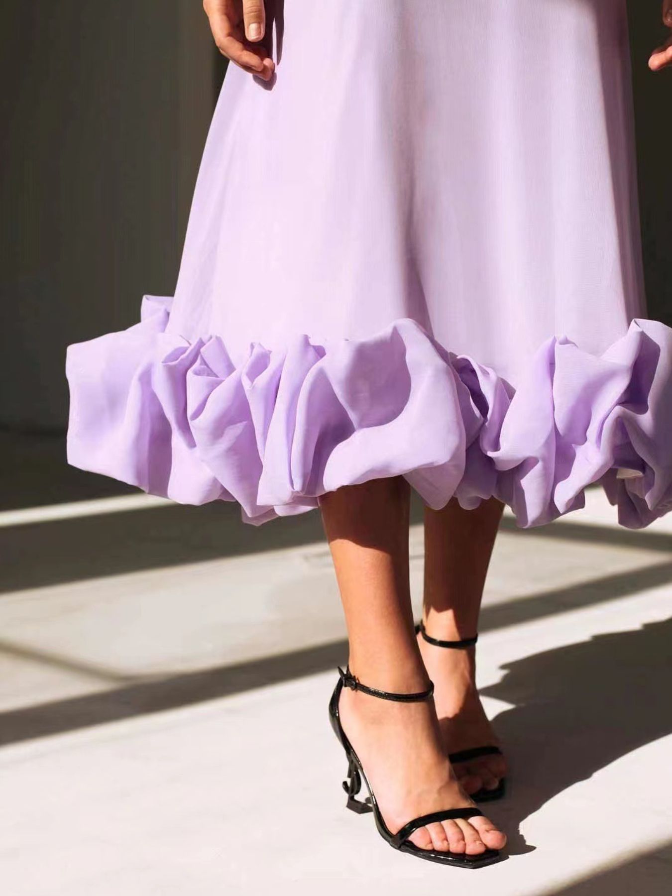 Ruffle Hem Scoop Neck Midi Dress in lavender with a voluminous ruffle hem