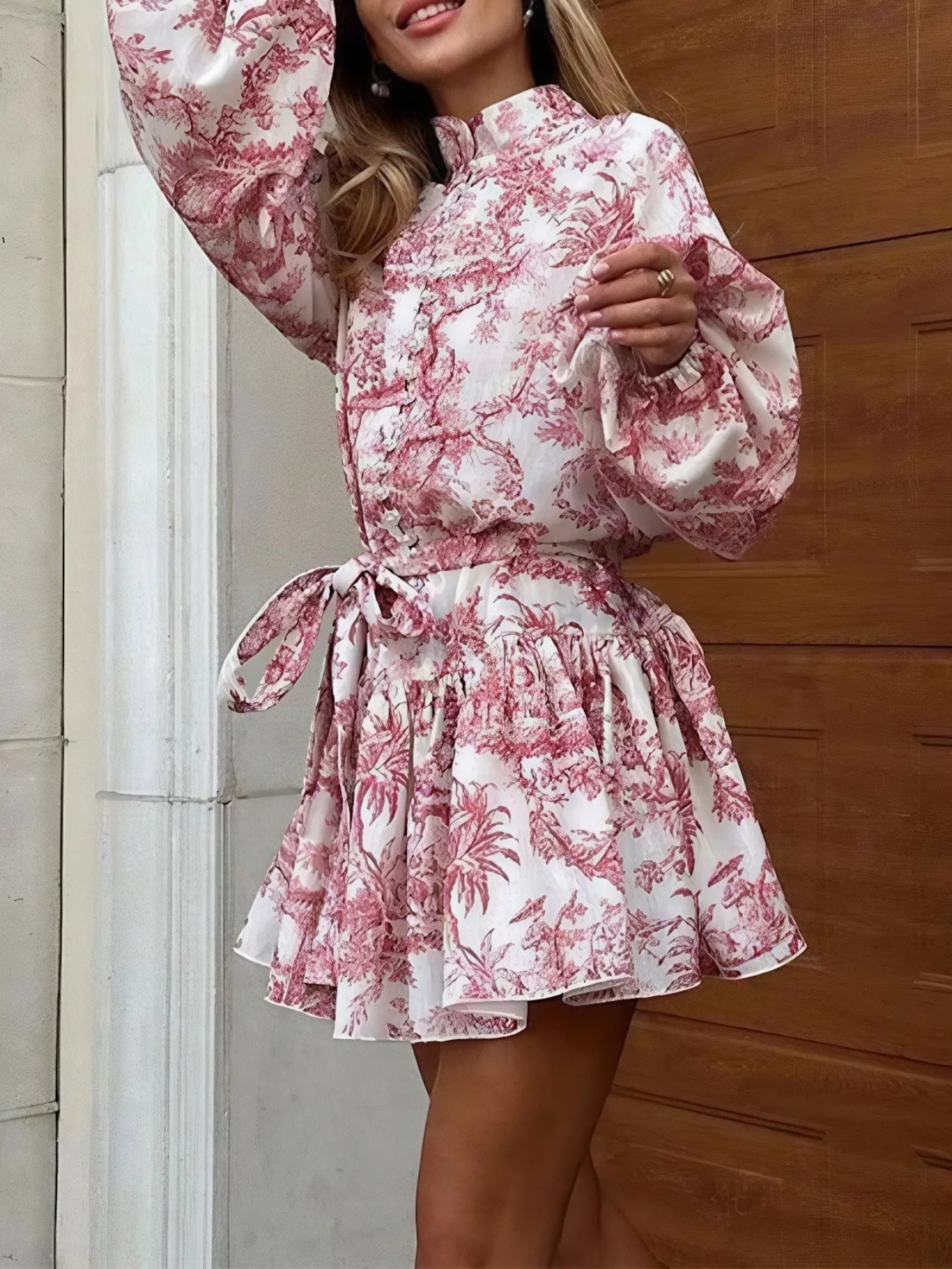 Printed Balloon Sleeve Tie Waist Dress in pink toile print by Belle Bijouix