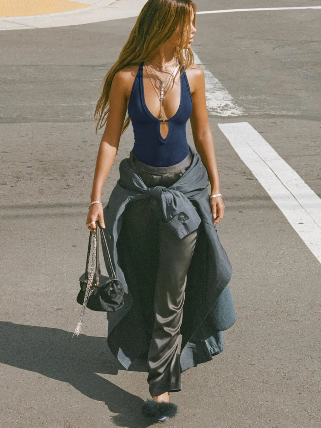 Cutout Ribbed Tank Top by Belle Bijouix, navy, halter-neck with center keyhole detail