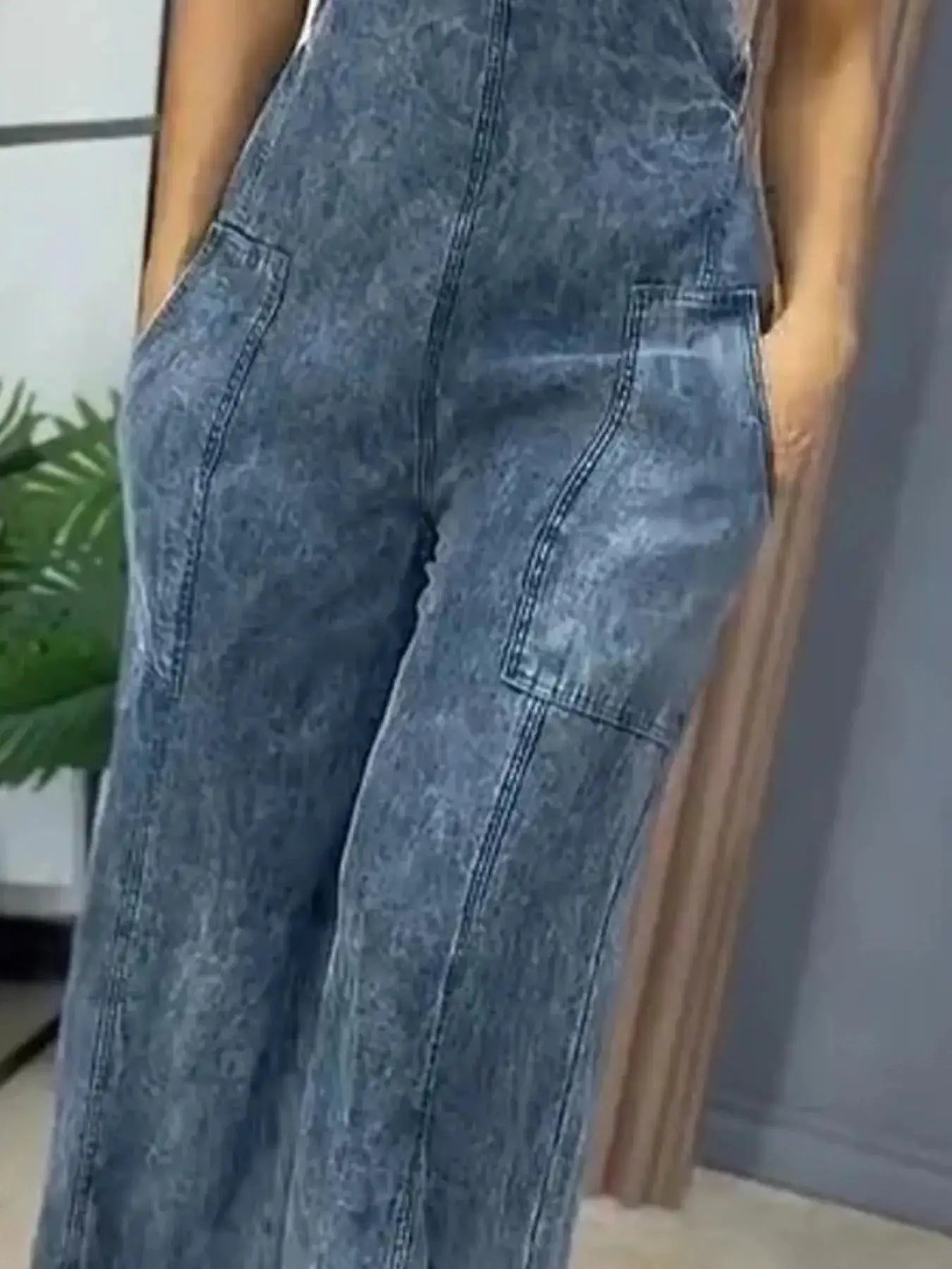 Full Size Wide Leg Washed Denim Overalls by Belle Bijouix, blue-washed denim, cargo pockets