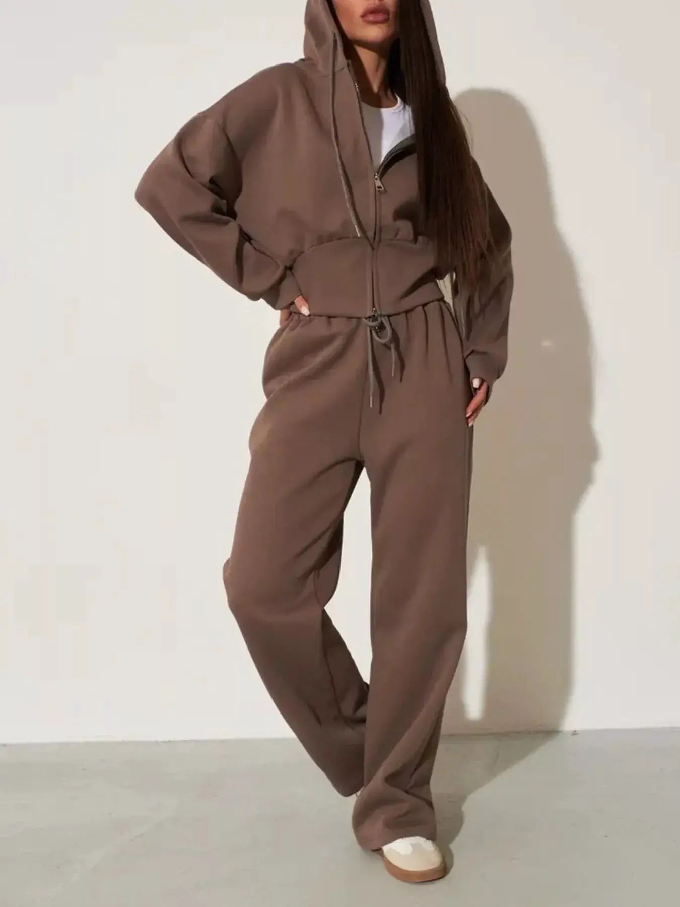 Zip-Up Hoodie & Wide-Leg Pants Set by Belle Bijouix in taupe brown, two-piece lounge set.