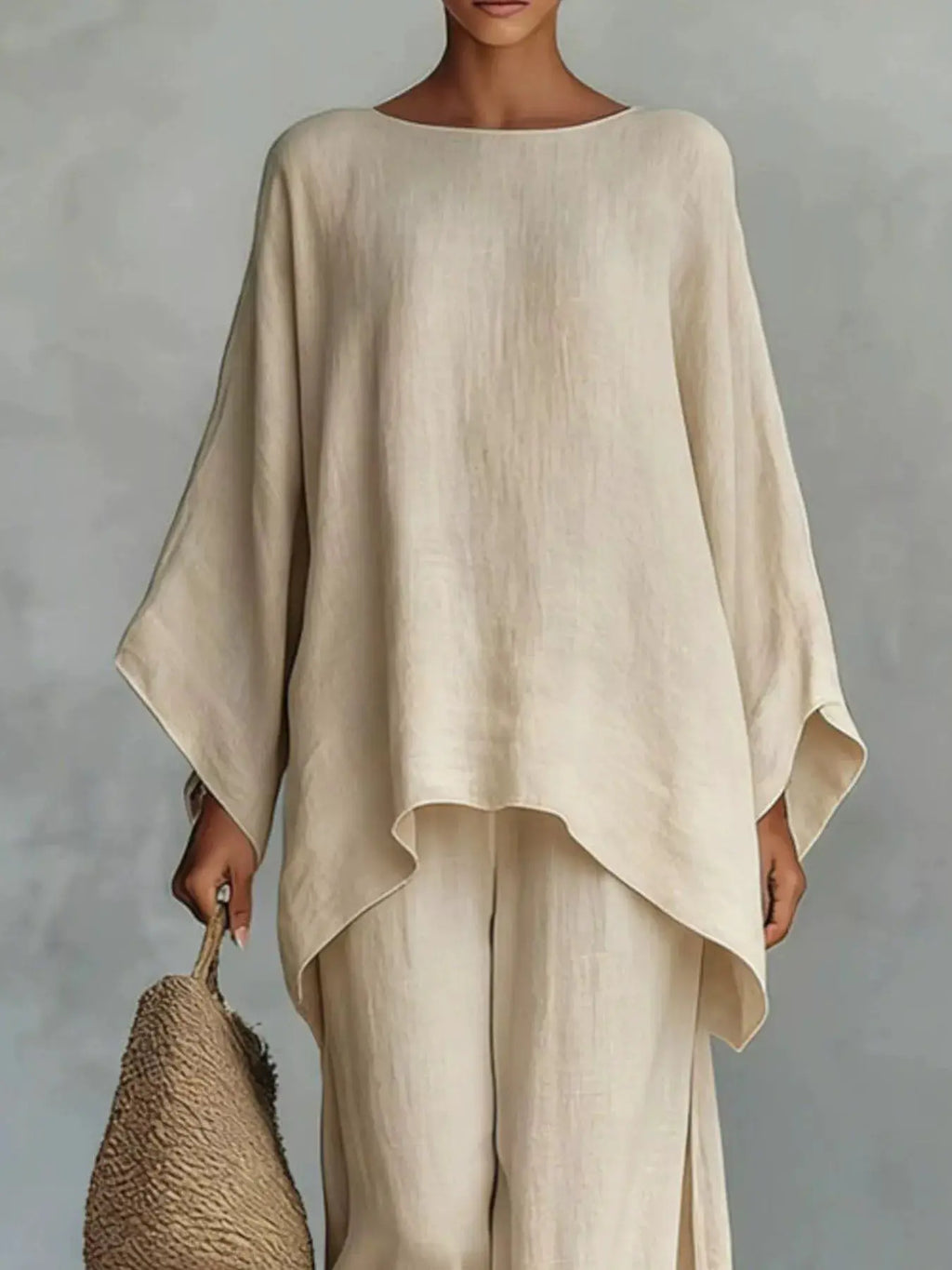 Plus Size Two-Piece Round Neck Top & Wide Leg Pants Set by Belle Bijouix in beige linen-like fabric