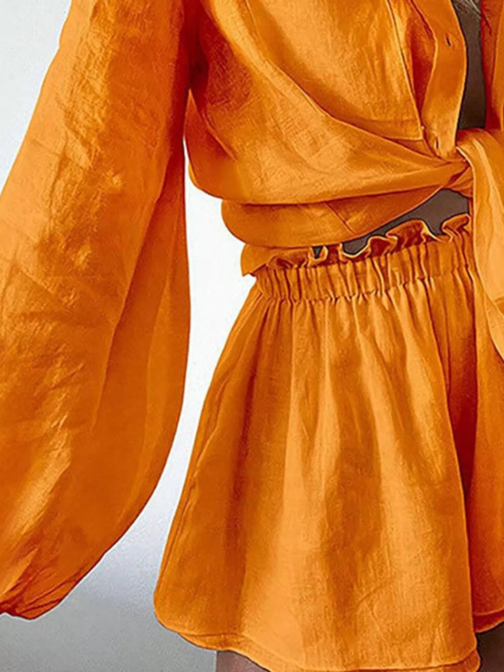 Button Up Long Sleeve Shirt and Shorts Set in orange satin with elastic waistband shorts