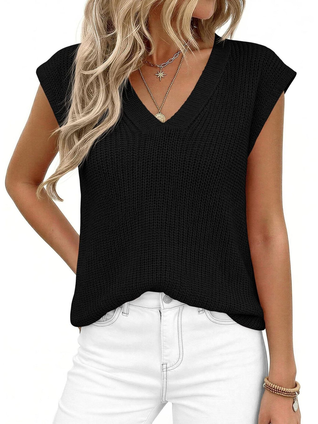 V-Neck Sweater Vest by Trendsi in black knit, sleeveless with a relaxed fit.