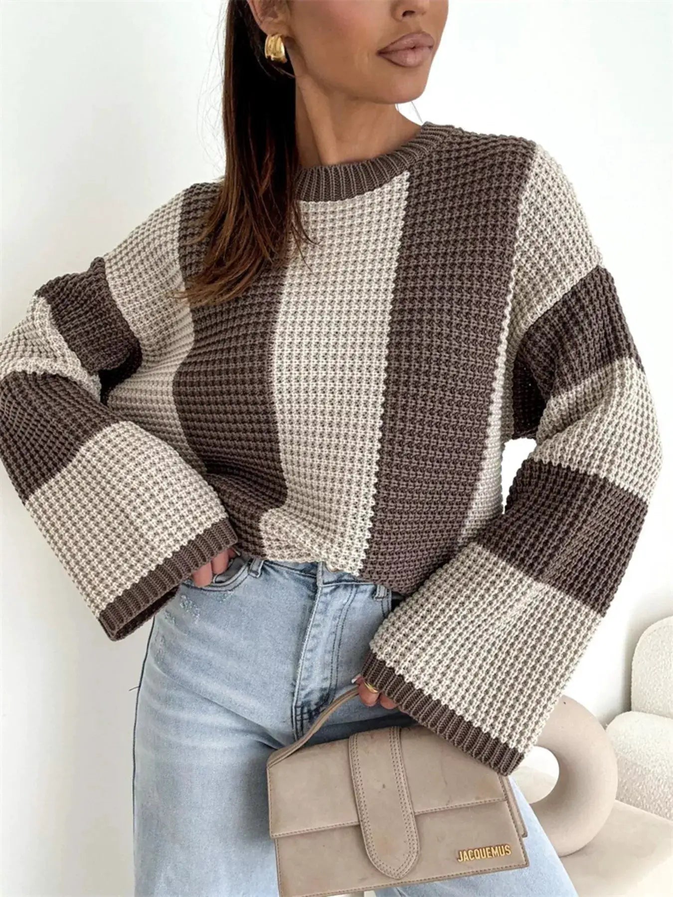 Color block long sleeve knit sweater, oversized fit in beige, taupe and brown tones