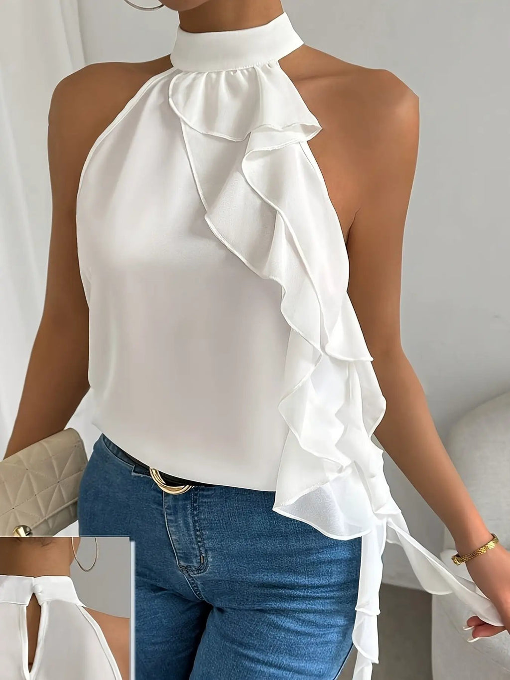 Ruffle Halter Neck Sleeveless Blouse by Trendsi, white satin-like fabric with cascading ruffles