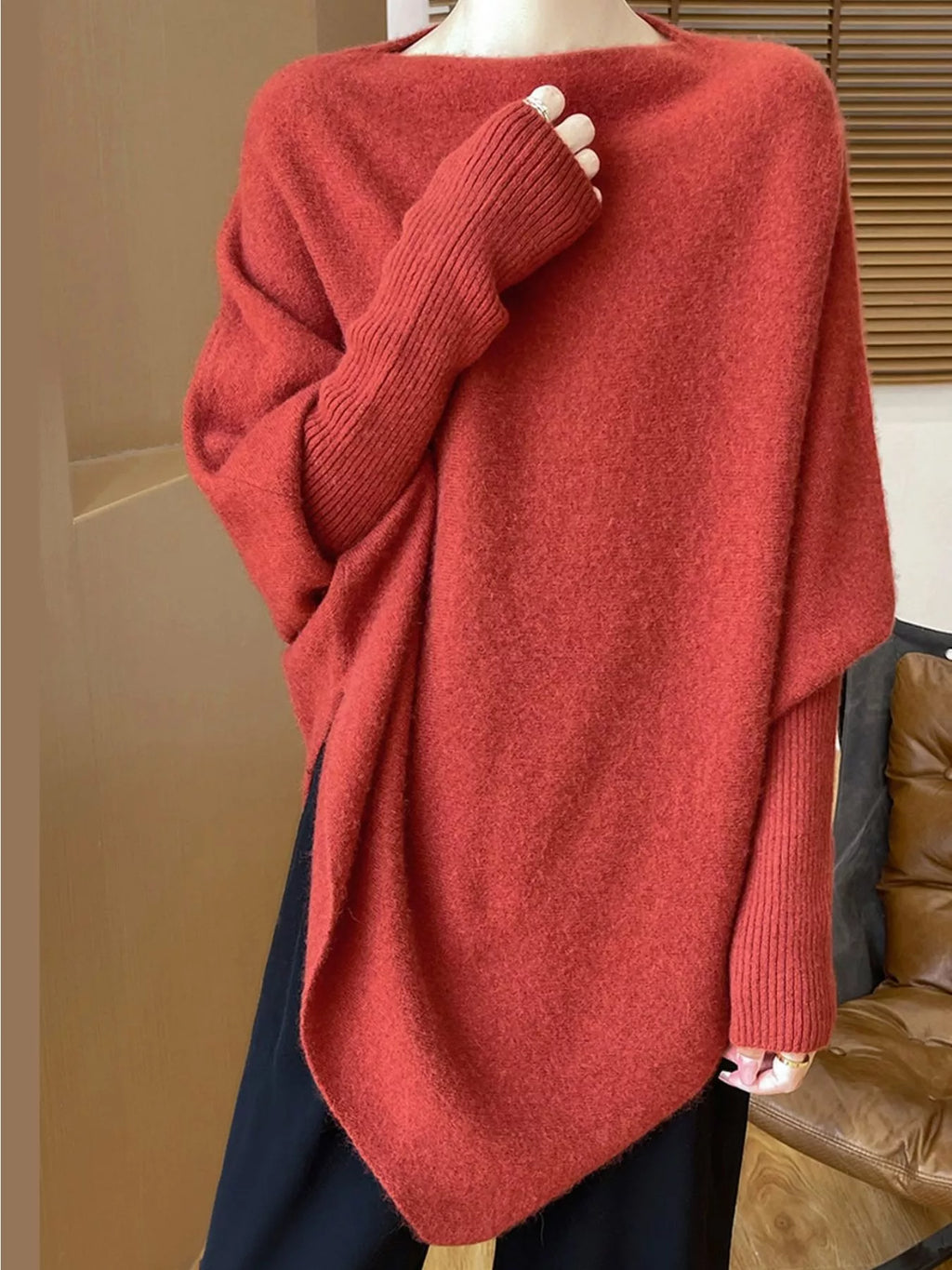 Oversized Asymmetric Wool Batwing Sweater in Brick Red by Belle Bijouix – view 11 of 24