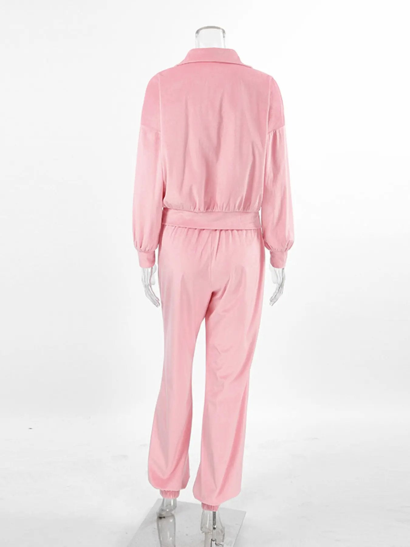 Quarter Zip Long Sleeve Top and Pants Set in pink, belted waist loungewear by Belle Bijouix