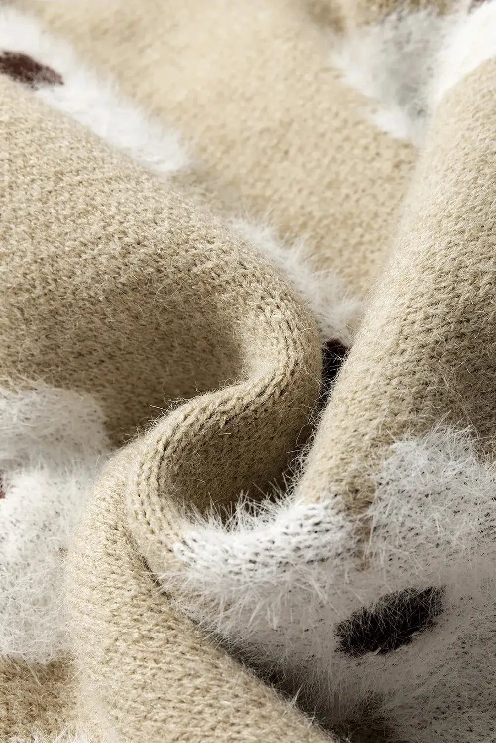 Flower Half Zip Long Sleeve Sweater, beige fuzzy knit with white accents