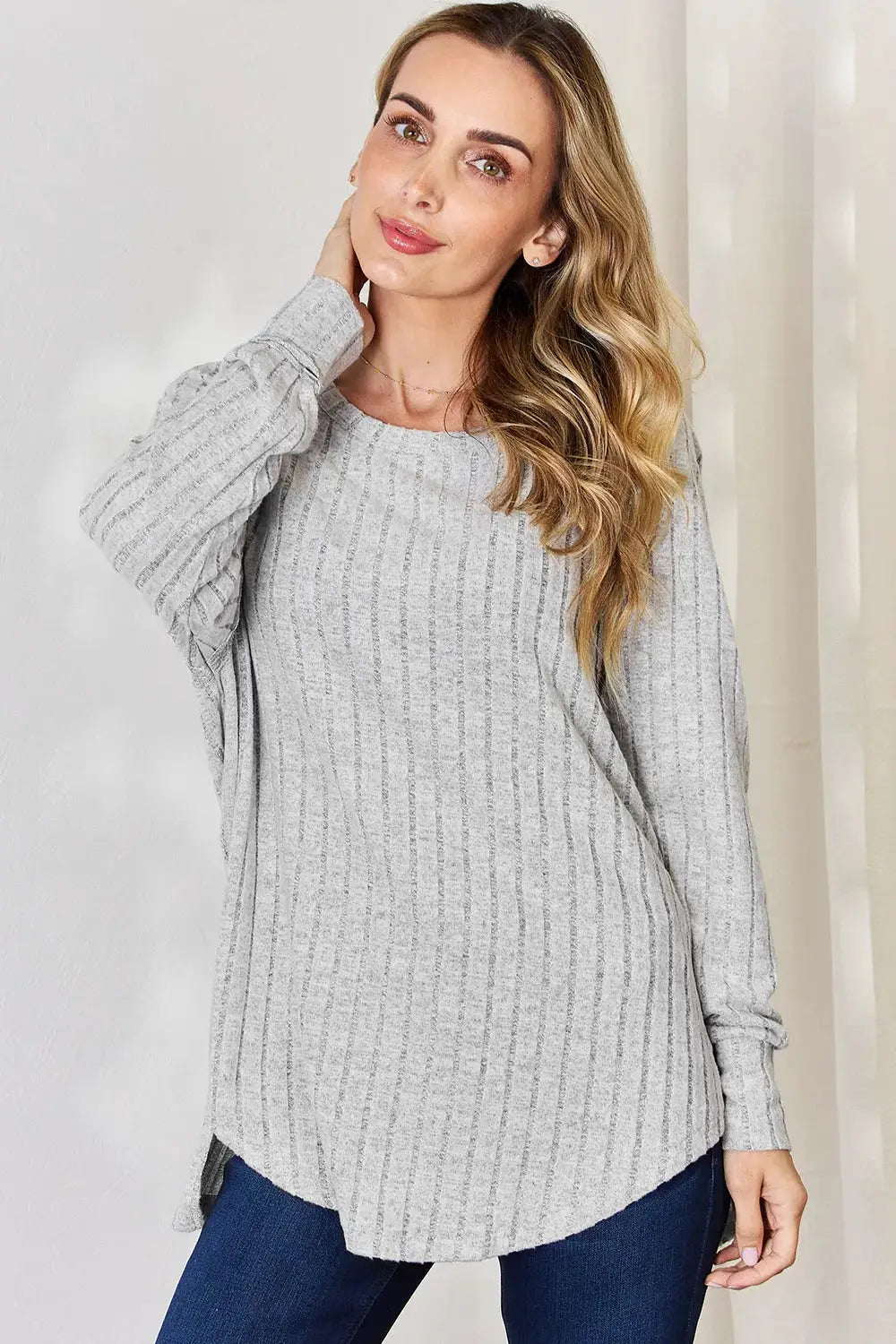 Top: Belle Bijouix Basic Bae ribbed round-neck slit T-shirt in heather gray
