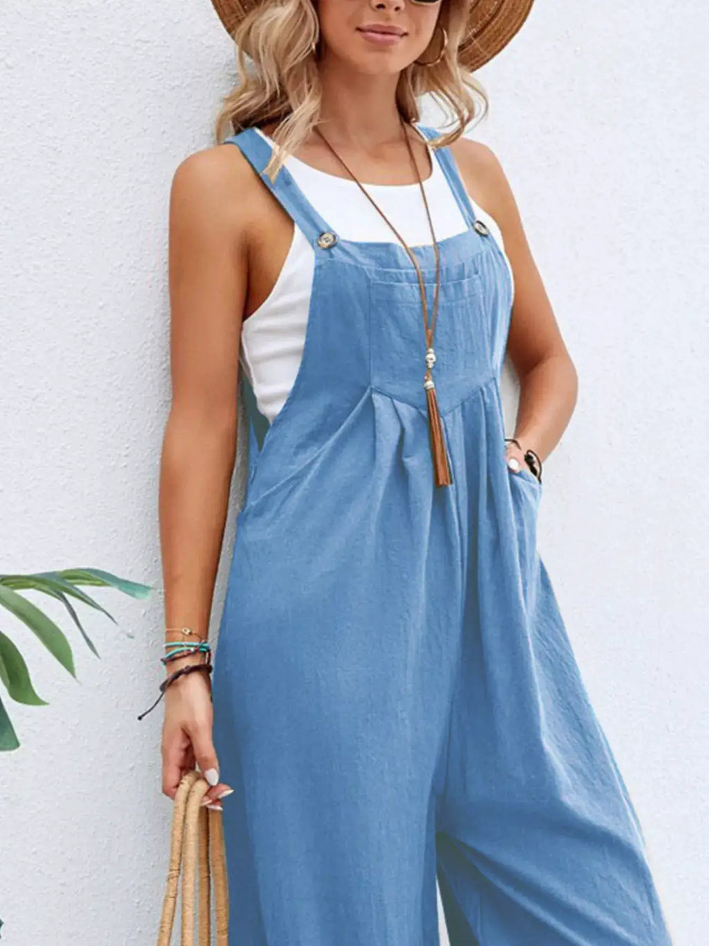 Overalls in light-blue denim with pockets, plus-size wide-leg style