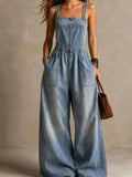 Full-Size Wide-Leg Lightwash Denim Jumpsuit with Adjustable Straps and Front Pockets, Plus Size