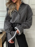 Heart Print Button Up Flounce Sleeve Shirt in grey with lace-trim cuffs