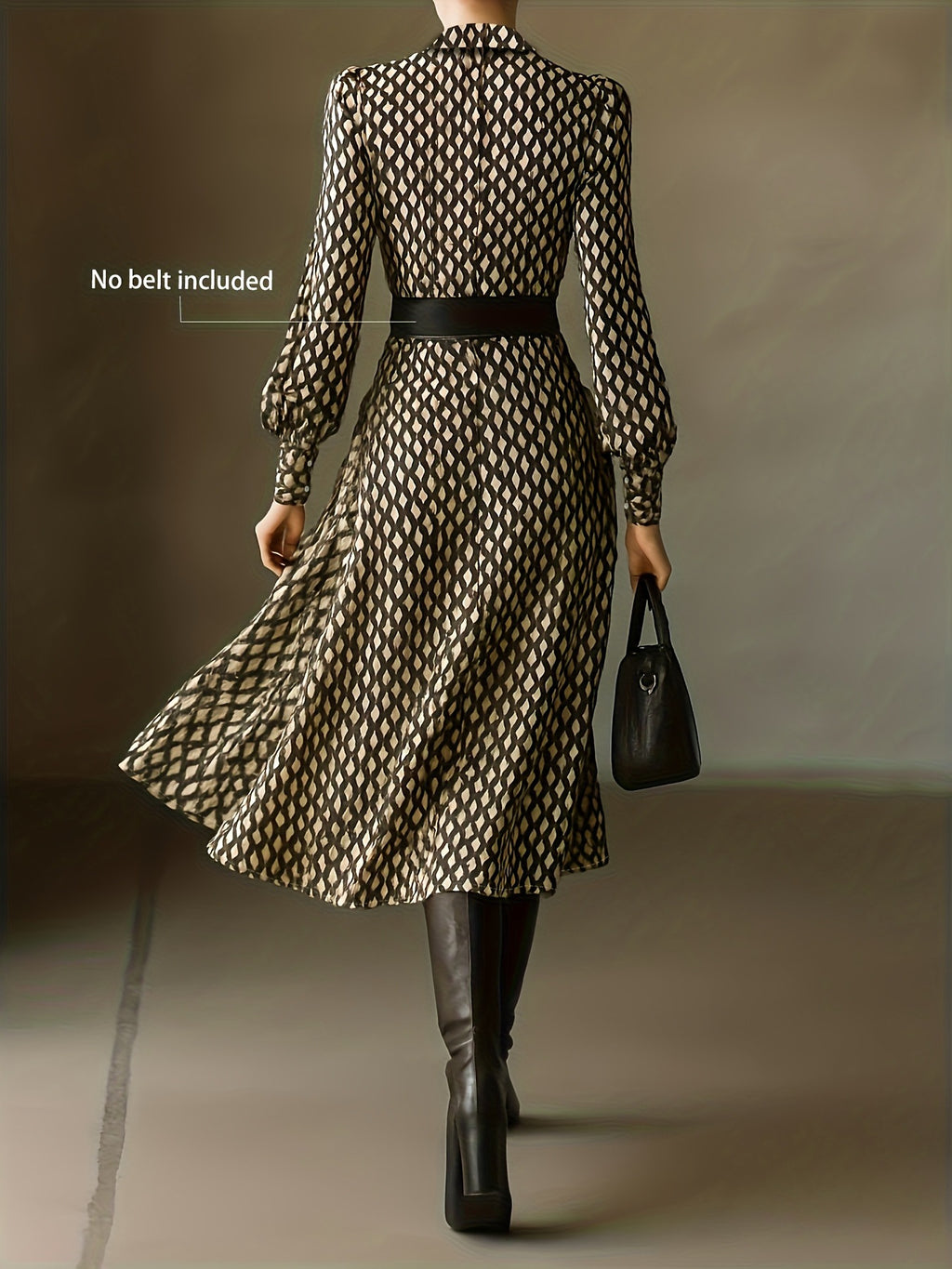 Printed long-sleeve midi dress with beige and black geometric pattern, back view.