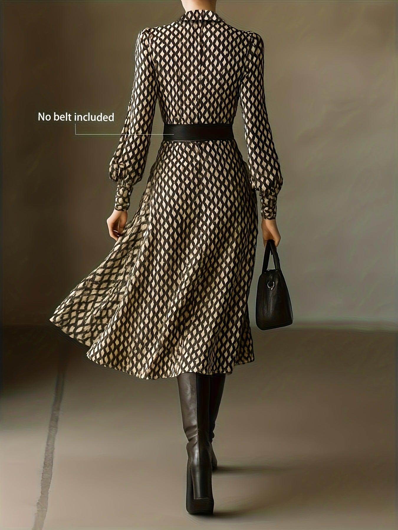 Printed long-sleeve midi dress with beige and black geometric pattern, back view.