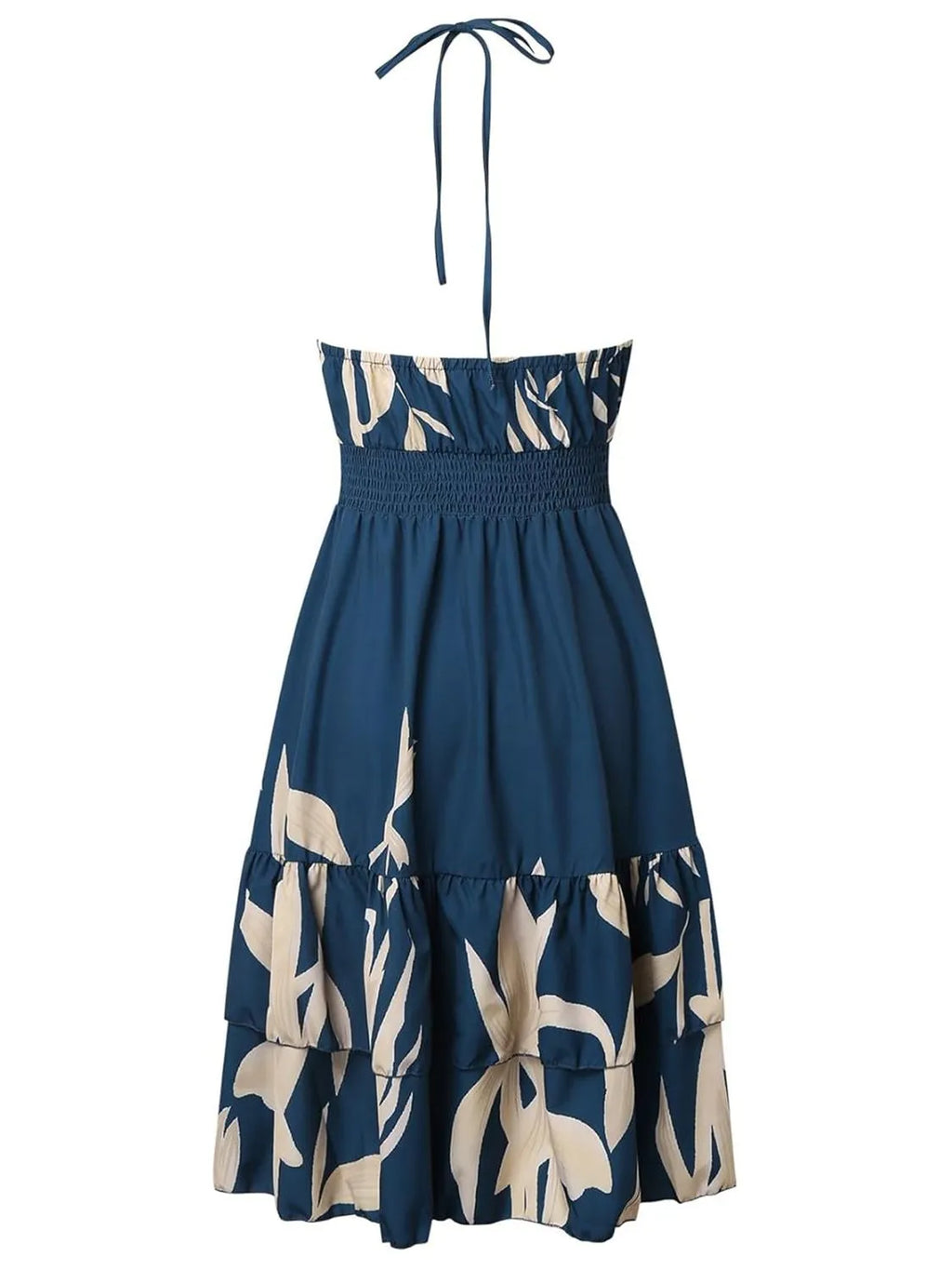 Paisley print halter-neck mini dress in blue with beige leaf pattern, smocked waist and ruffled top