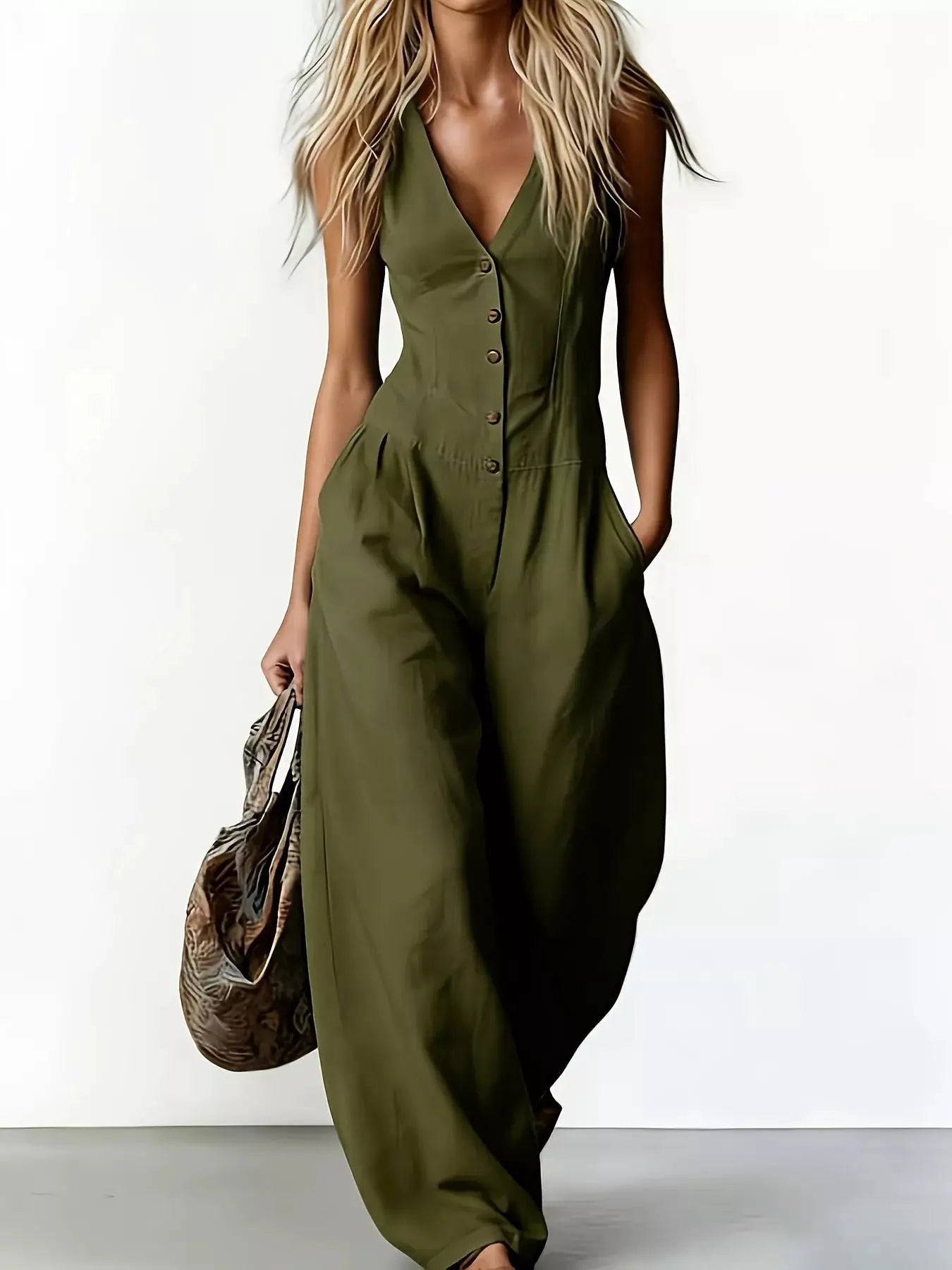 V-Neck Button-Down Wide-Leg Jumpsuit with Pockets in olive green