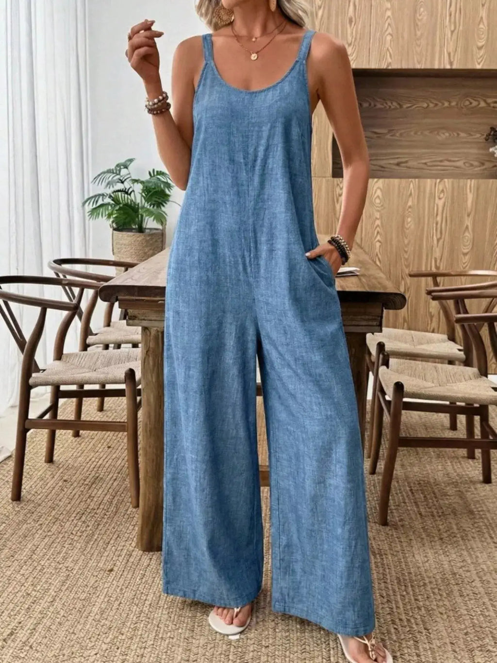 Spaghetti Strap Wide Leg Jumpsuit, light blue denim, Trendsi
