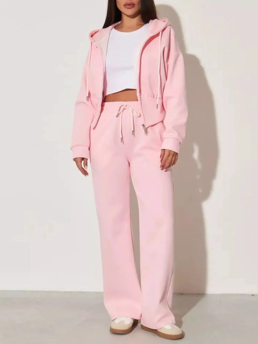 Zip-Up Hoodie & Wide-Leg Pants Set by Belle Bijouix in pastel pink; women's loungewear.