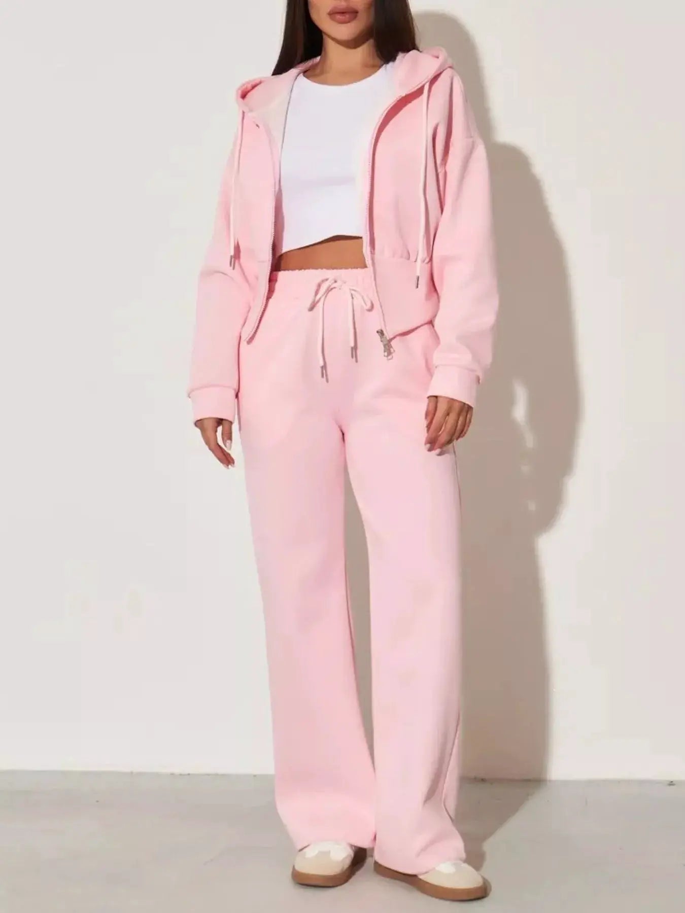 Zip-Up Hoodie & Wide-Leg Pants Set by Belle Bijouix in pastel pink; women's loungewear.