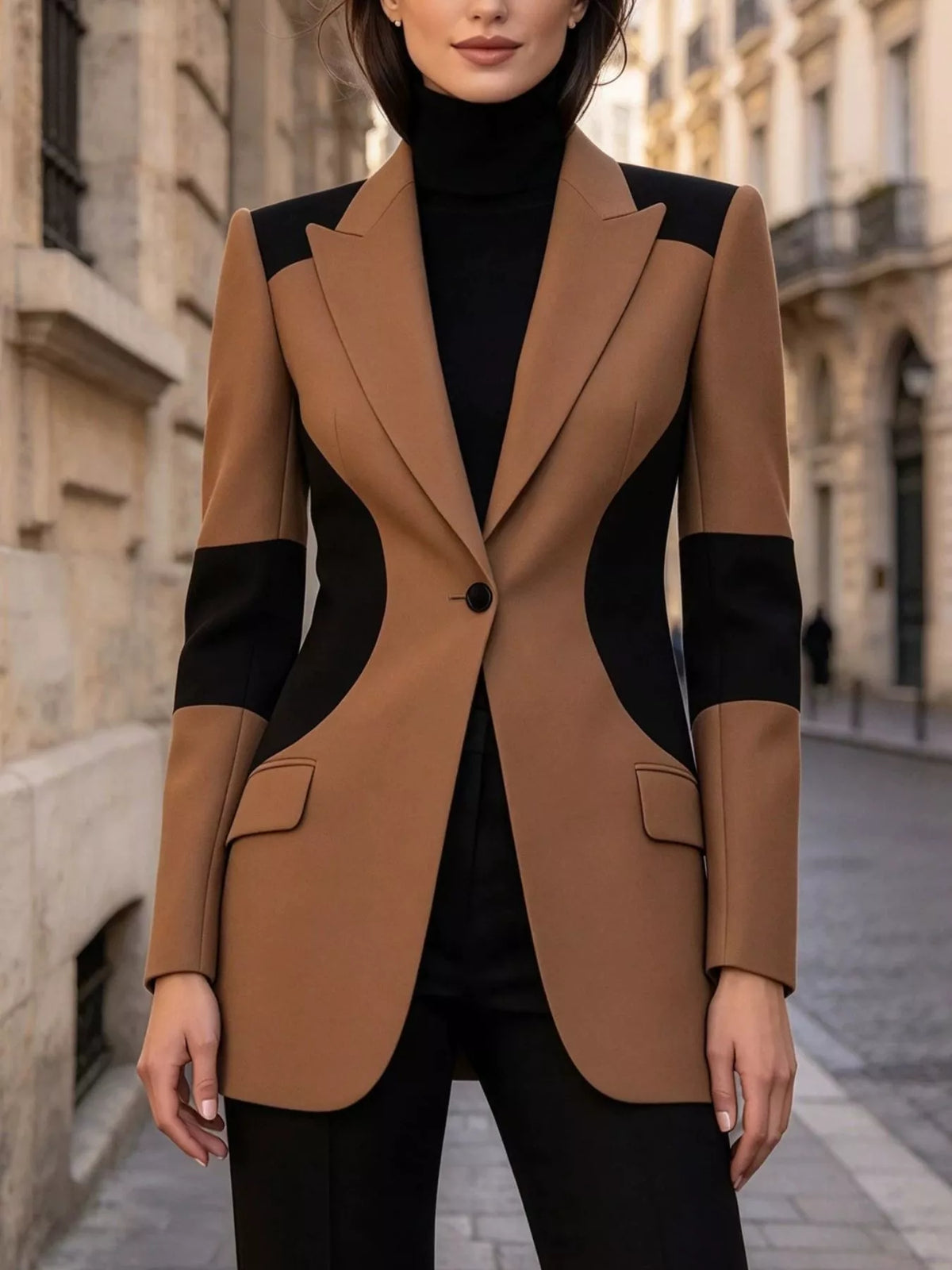 Color-Block One-Button Blazer in Brown by Belle Bijouix – view 3 of 4