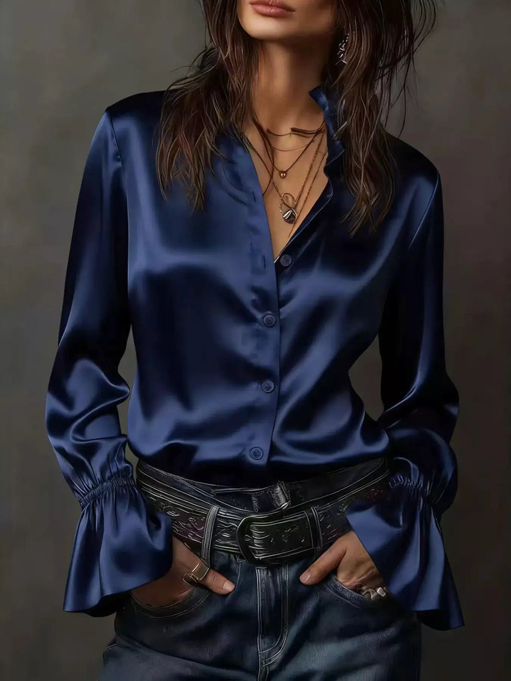 Button Up Flounce Sleeve Shirt navy satin for a chic polished look