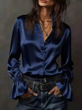 Button Up Flounce Sleeve Shirt navy satin for a chic polished look