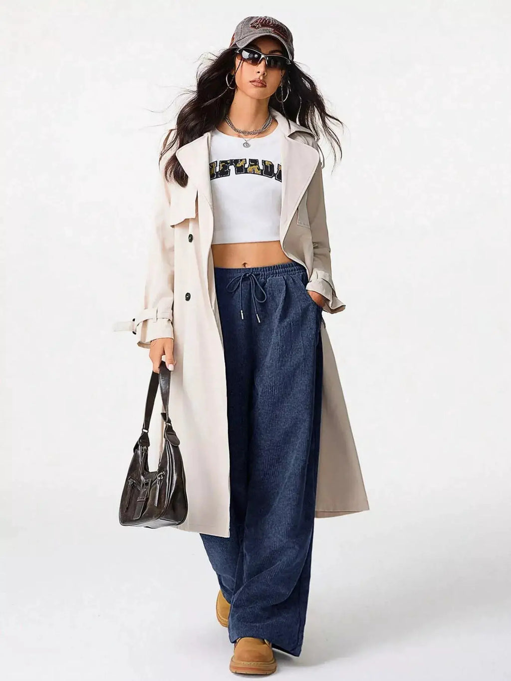 Casual Corduroy Wide-Leg Pants in blue with drawstring waist and pockets