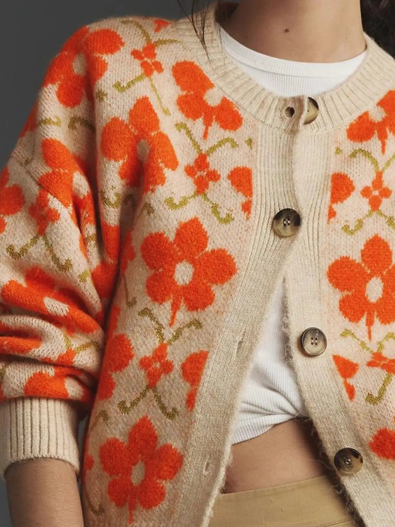 Flower Button Up Long Sleeve Cardigan, beige knit with bright orange floral pattern and brown buttons