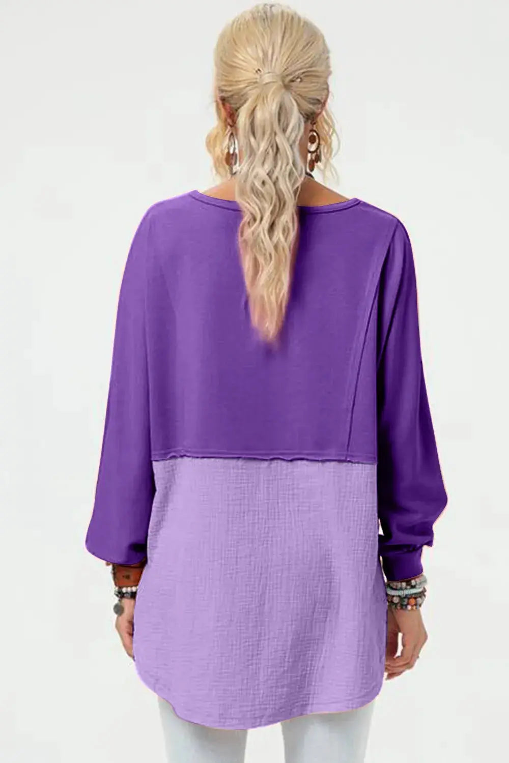 Double Take full-size long-sleeve high-low T-shirt, two-tone purple color-block, back view