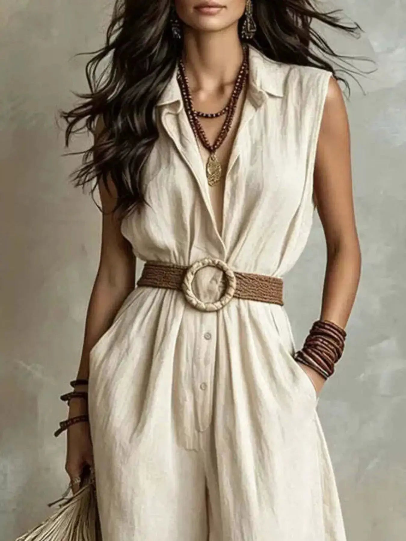 Plus-size sleeveless beige wide-leg jumpsuit with pockets, belted at the waist.