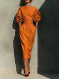 Round neck puff sleeves midi dress in orange with a wide waist belt