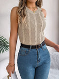 Cable-Knit Round-Neck Vest top in beige by Belle Bijouix, sleeveless knit with cable pattern