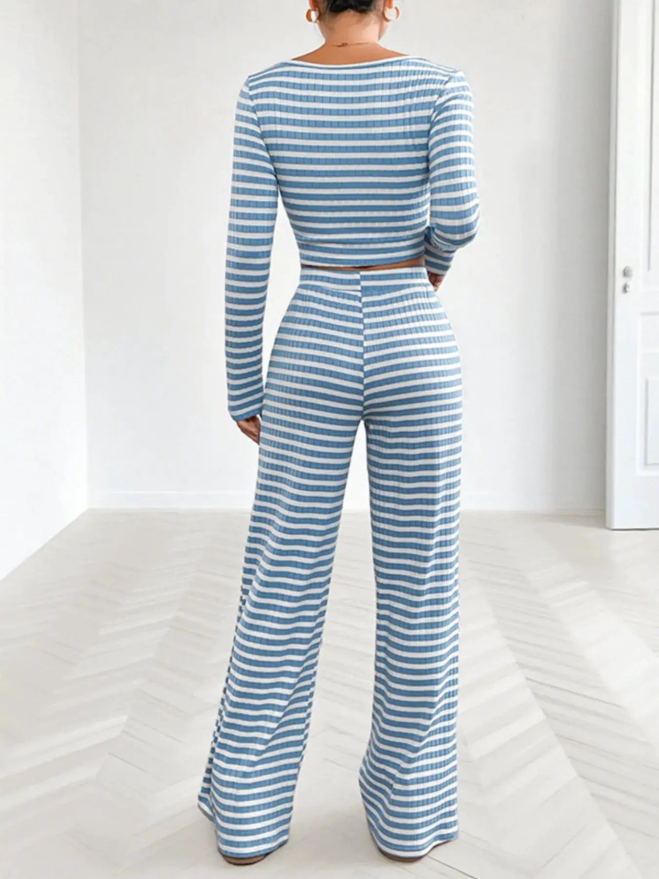 Striped square-neck long sleeve top and pants lounge set, two-piece, in blue and white; sleepwear and loungewear.