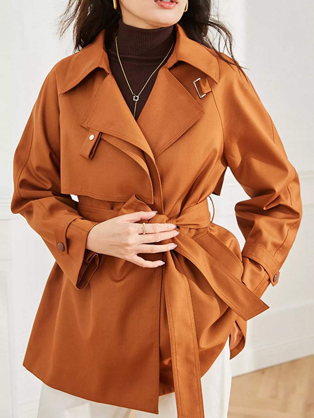 Double-Breasted Tie-Waist Short Trench Coat in Caramel by Belle Bijouix – view 1 of 20