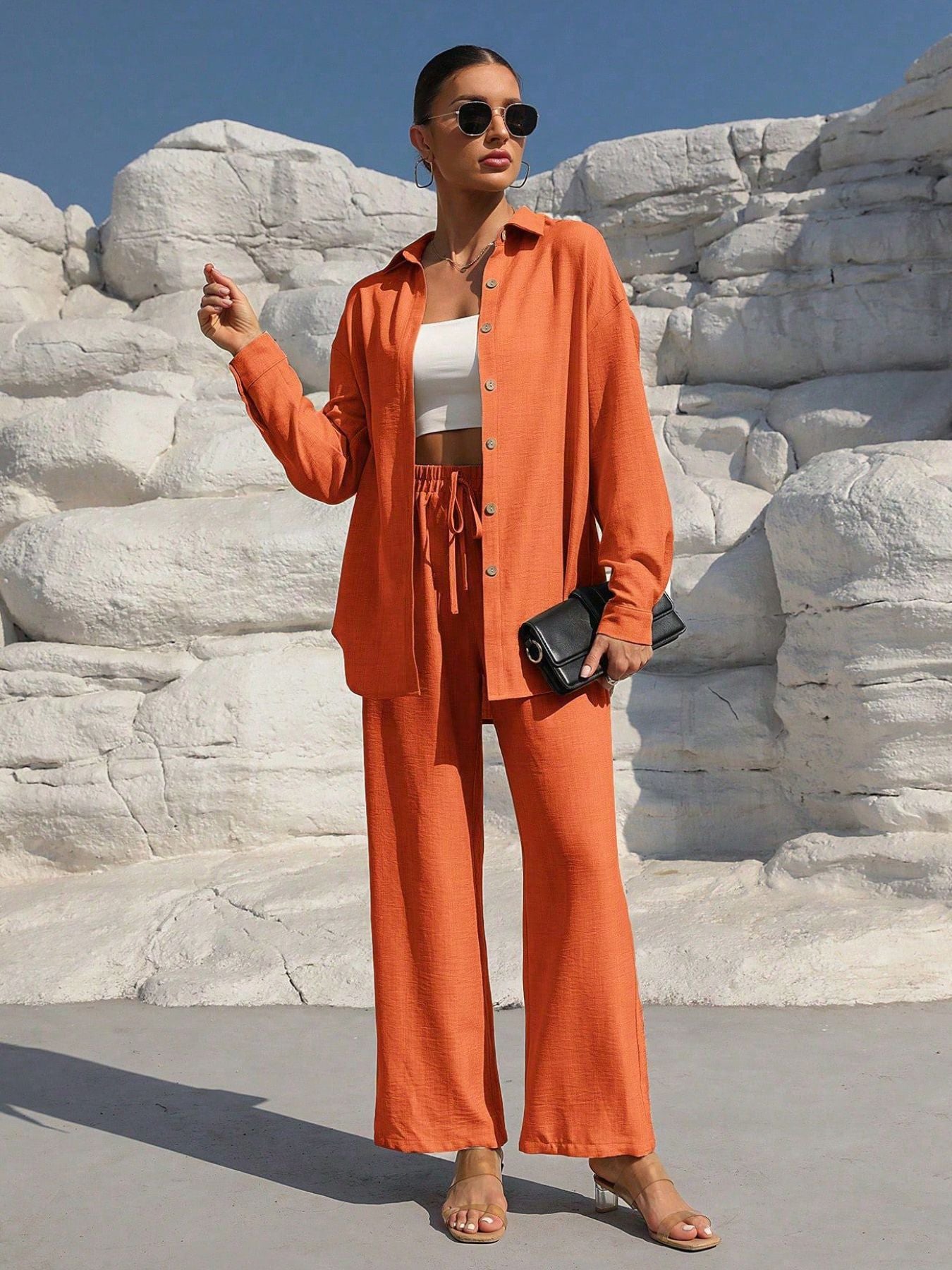 Button-up long-sleeve shirt and pants set, 2-piece in orange linen