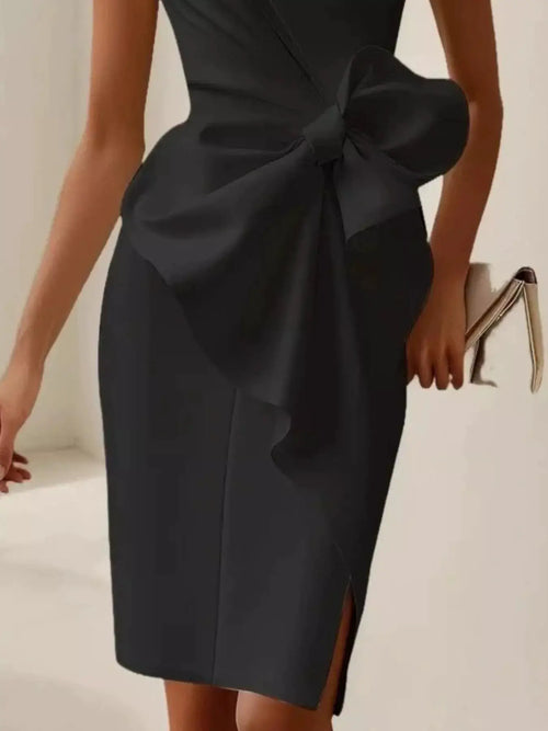 Dress Belle Bijouix bow-detail sleeveless black polyester with ruched silhouette and side slit