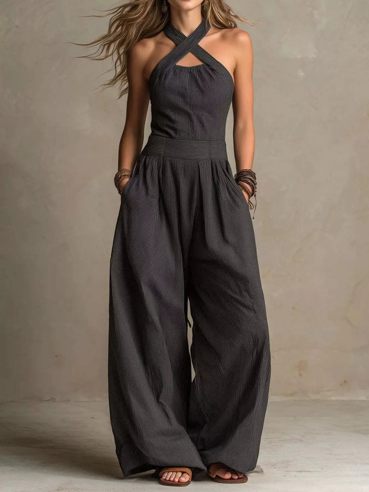 Crisscross Halter Linen Wide-Leg Jumpsuit by Belle Bijouix – view 12 of 45