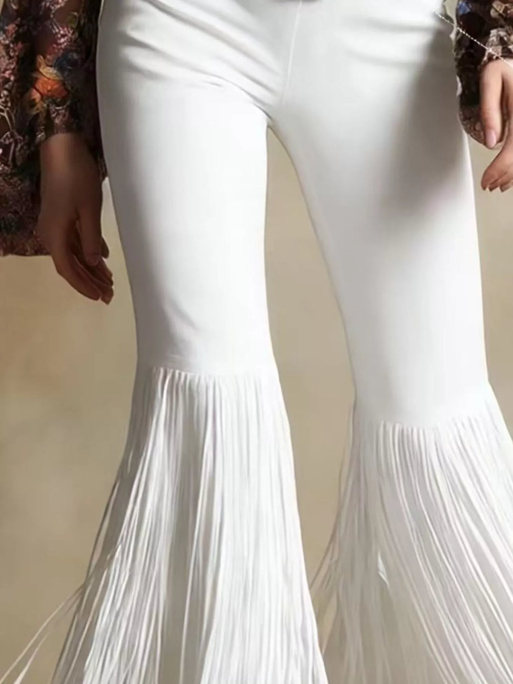 Fringe Flare Pants in white with pleated fringe hem
