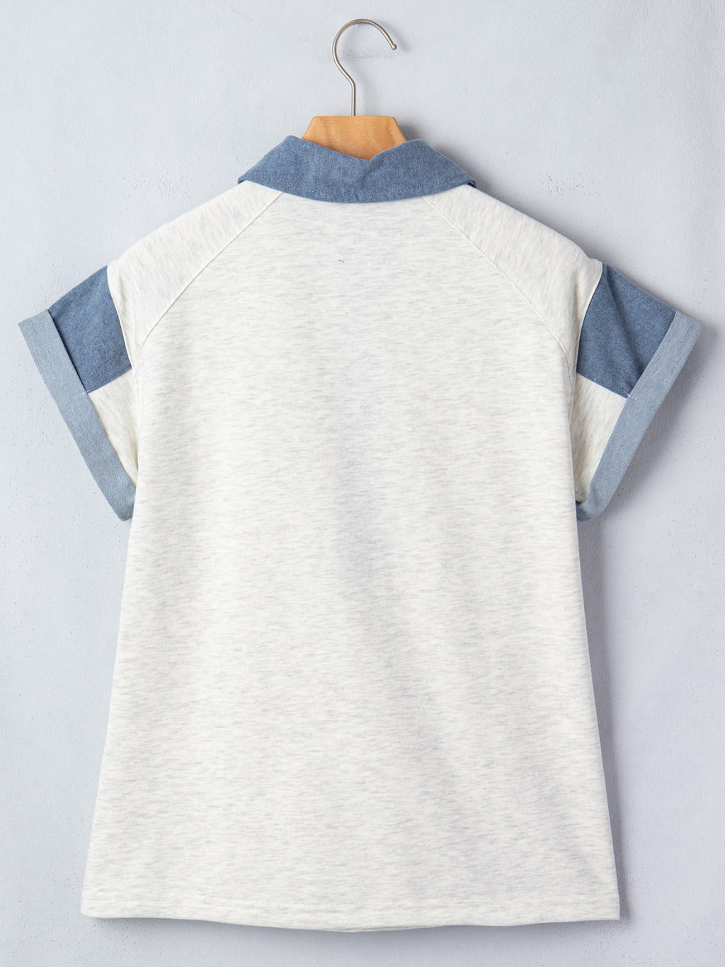 Trendsi Contrast Trim Button Detail Top, light gray body with blue denim sleeves