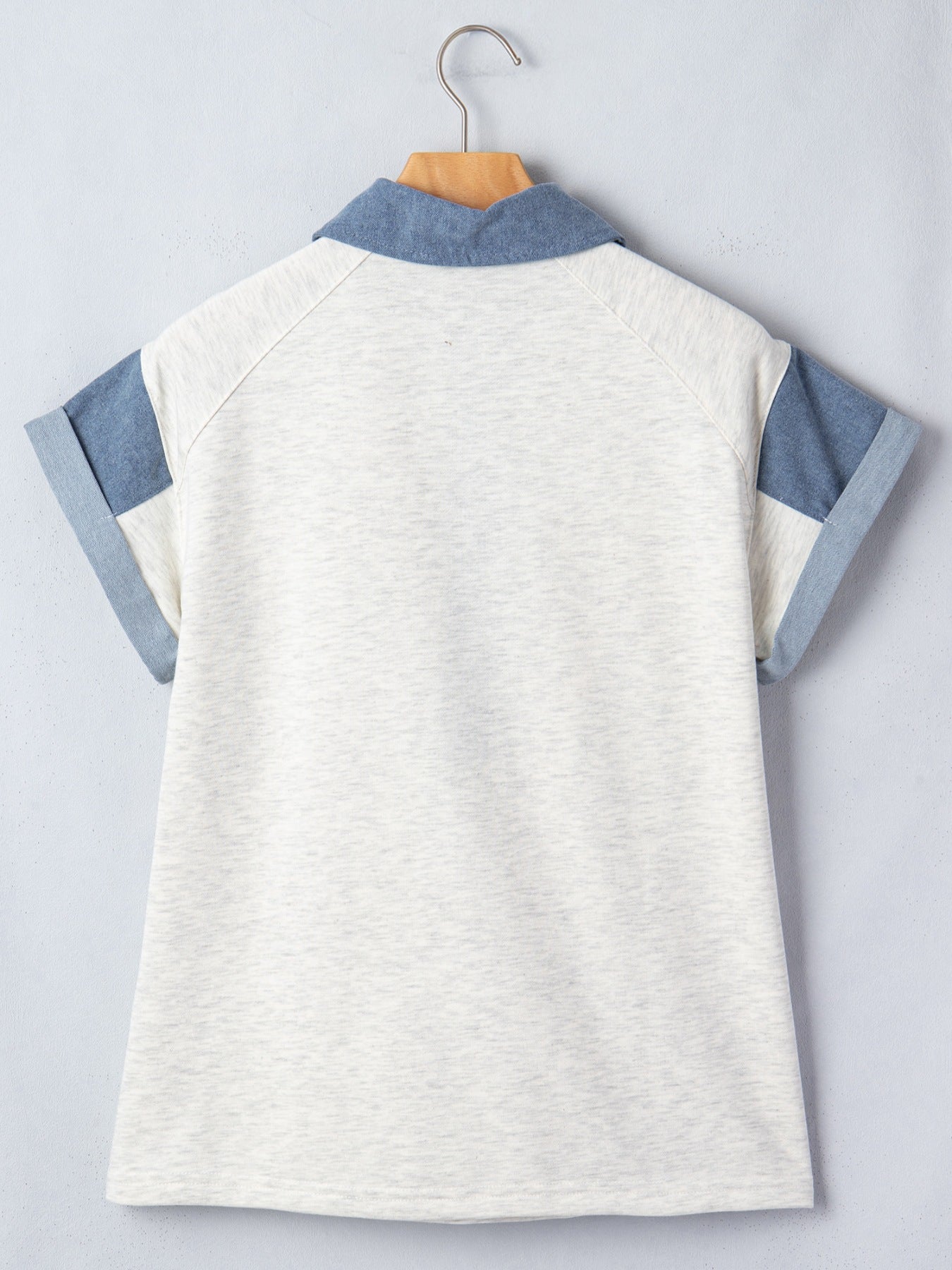 Trendsi Contrast Trim Button Detail Top, light gray body with blue denim sleeves