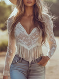 Fringe-hem lace long-sleeve top, white, Trendsi plus size