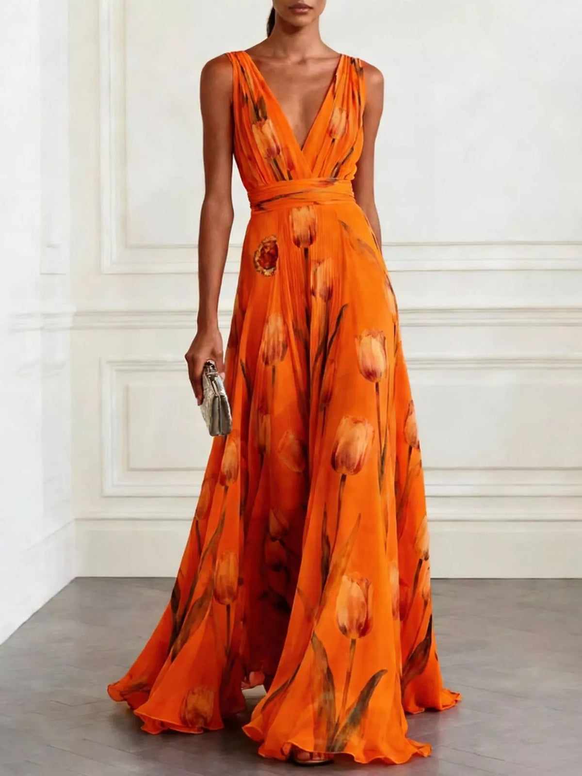 Sleeveless V-Neck Floral Maxi Dress in Orange by Belle Bijouix – view 8 of 37