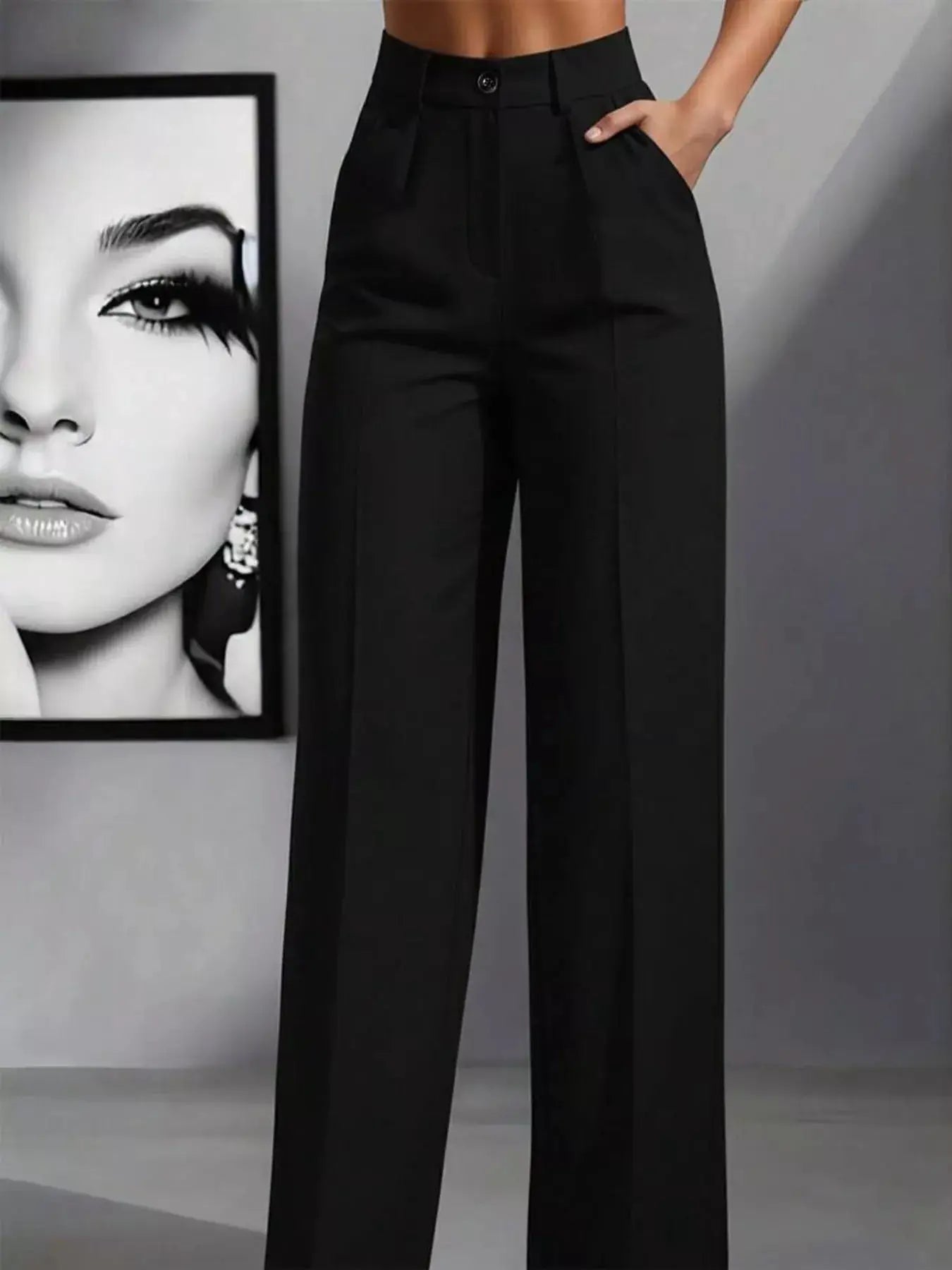 High-Waisted Wide-Leg Pants in black with pockets and button closure.