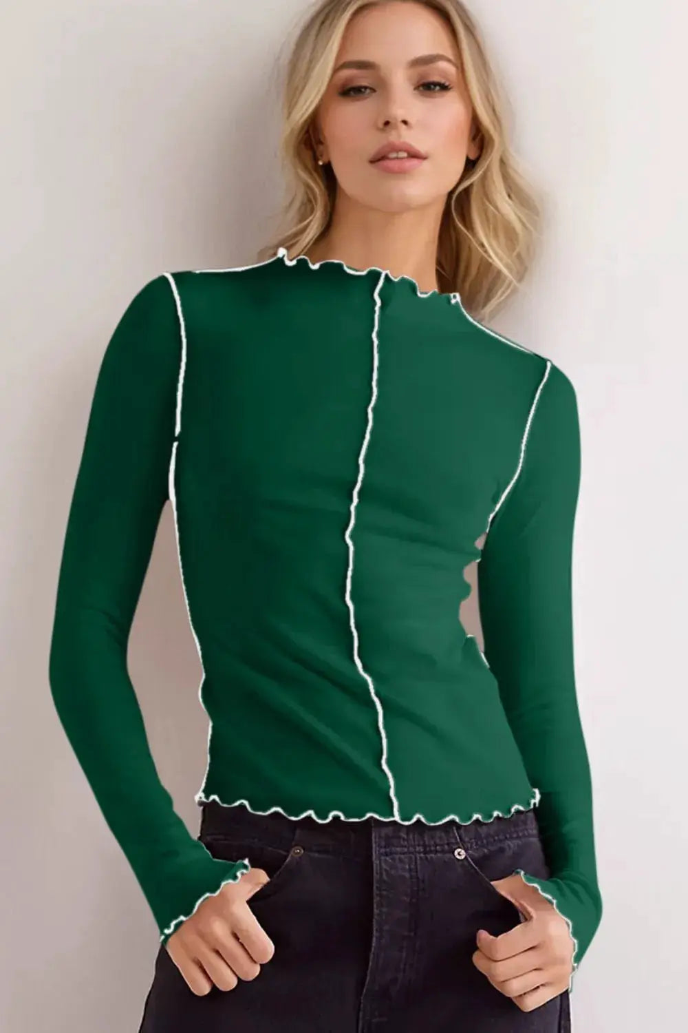 Basic Bae Contrast Trim Mock Neck Long Sleeve T-Shirt in green with white seam trim