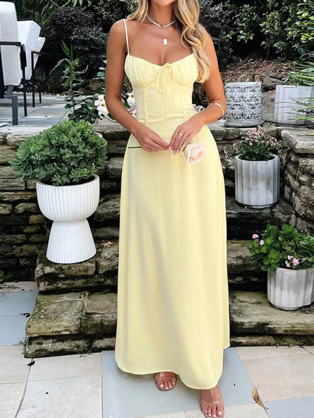 Tie-front spaghetti-strap maxi dress in pale yellow by Trendsi