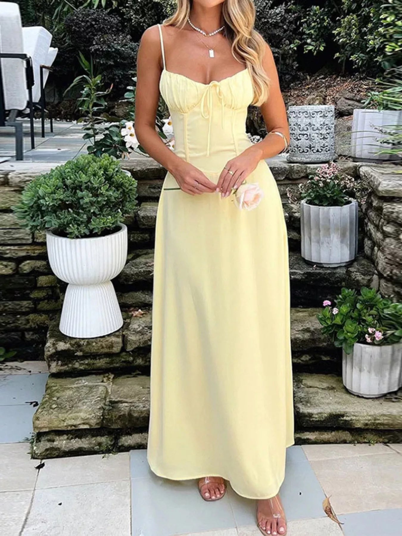 Tie-front spaghetti-strap maxi dress in pale yellow by Trendsi