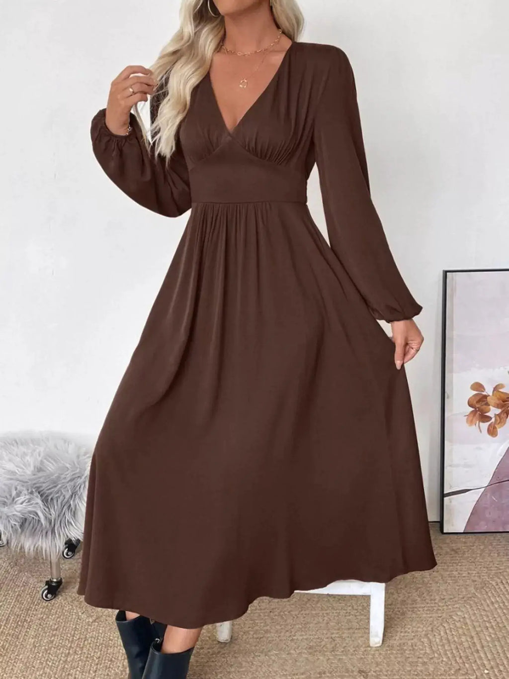 V-Neck Balloon Sleeve Midi Dress in brown by Trendsi